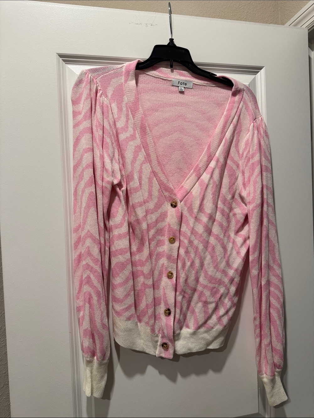 Fate Pink & Cream Zebra-Pattern V-Neck Cardigan